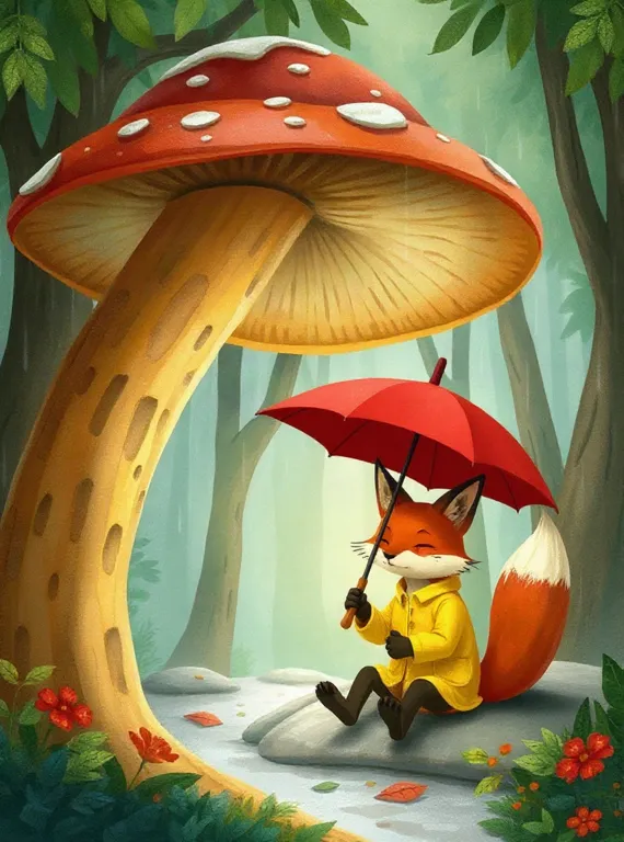 A raincoat and umbrella added to the fox