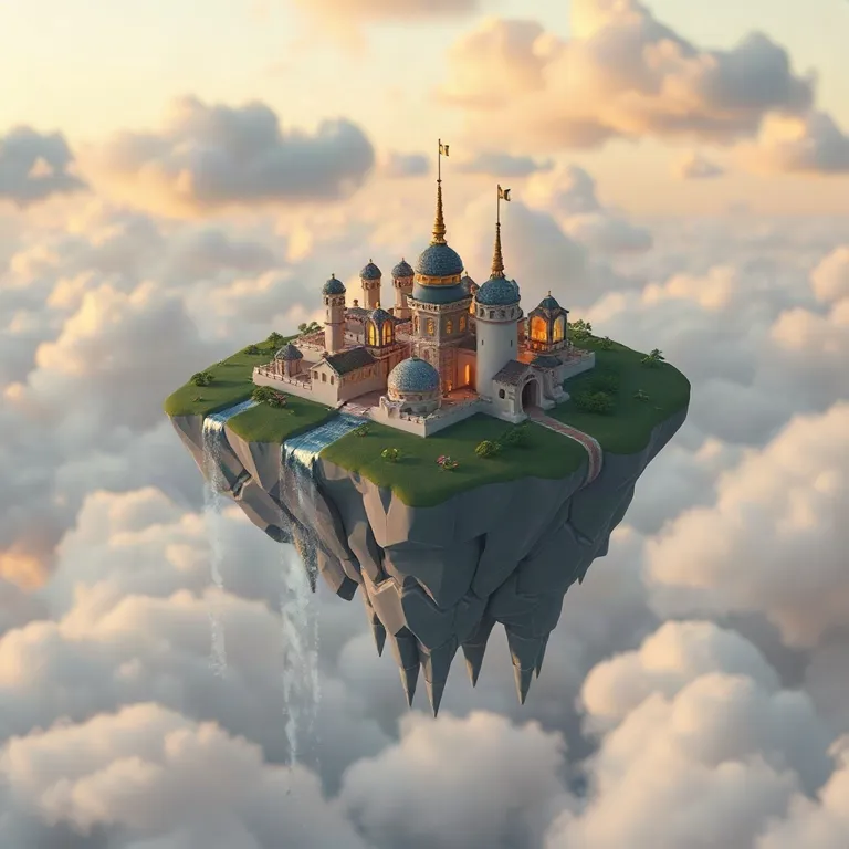 A tiny city on a floating island, in 3D