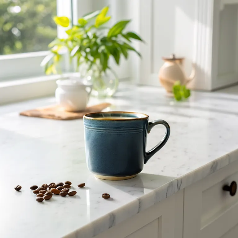 The mug moved to a marble counter