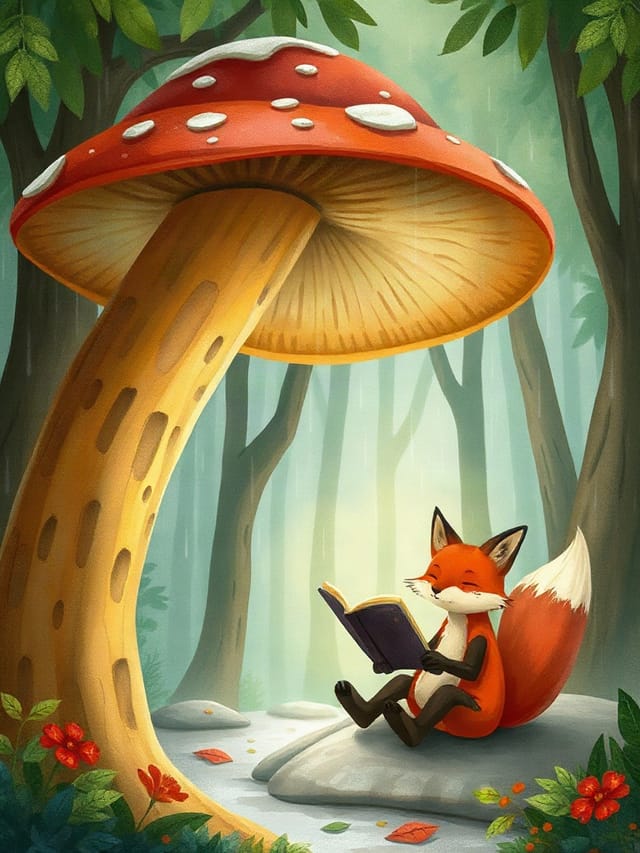 A storybook fox reading in the rain