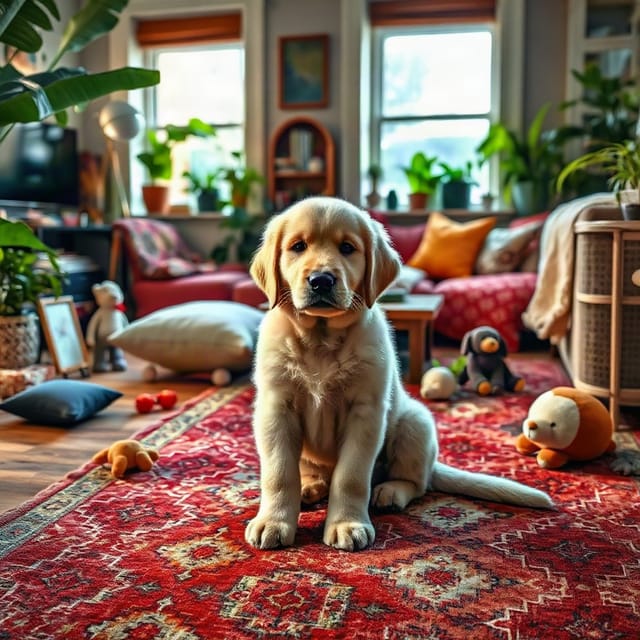 A puppy in a busy living room