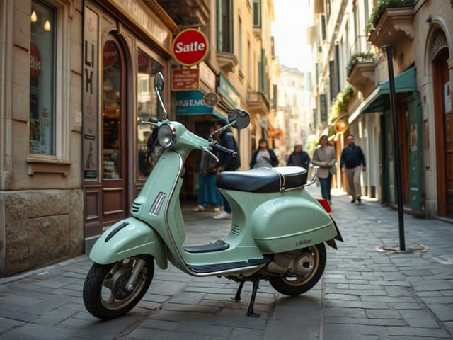A vintage scooter on a busy street