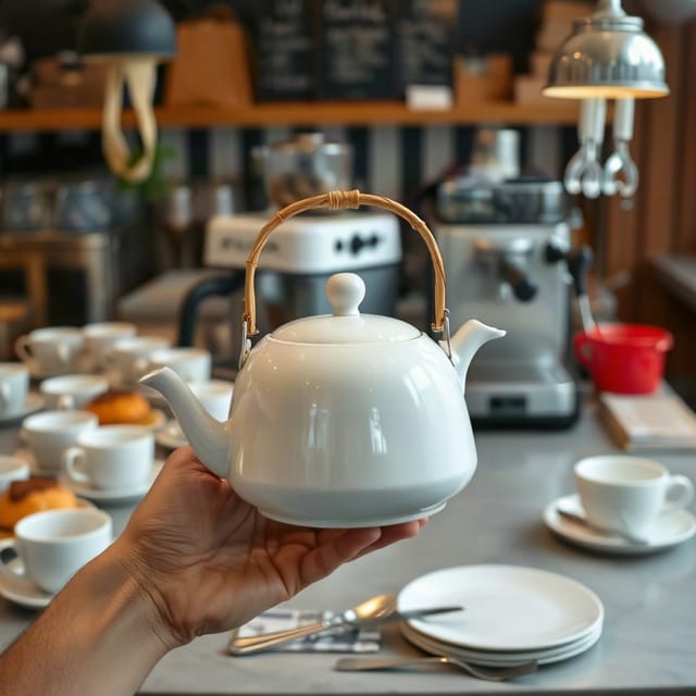 A teapot in a busy cafe